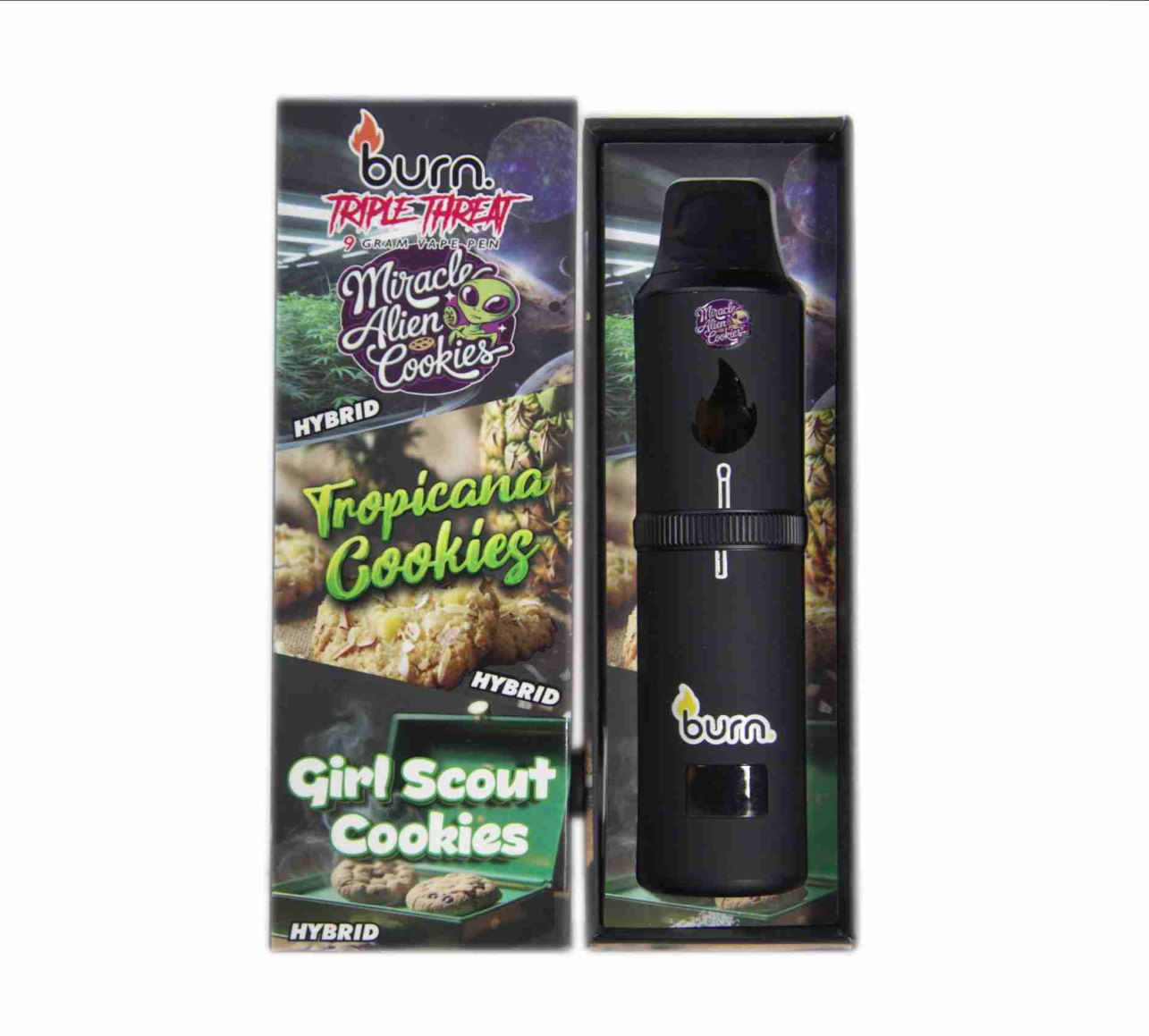 Burn Triple Threat Vape (9g) - Miracle Cookies + Tropicana Cookies + GSC Burn Triple Threat Vape (9g) - Miracle Cookies + Tropicana Cookies + GSC