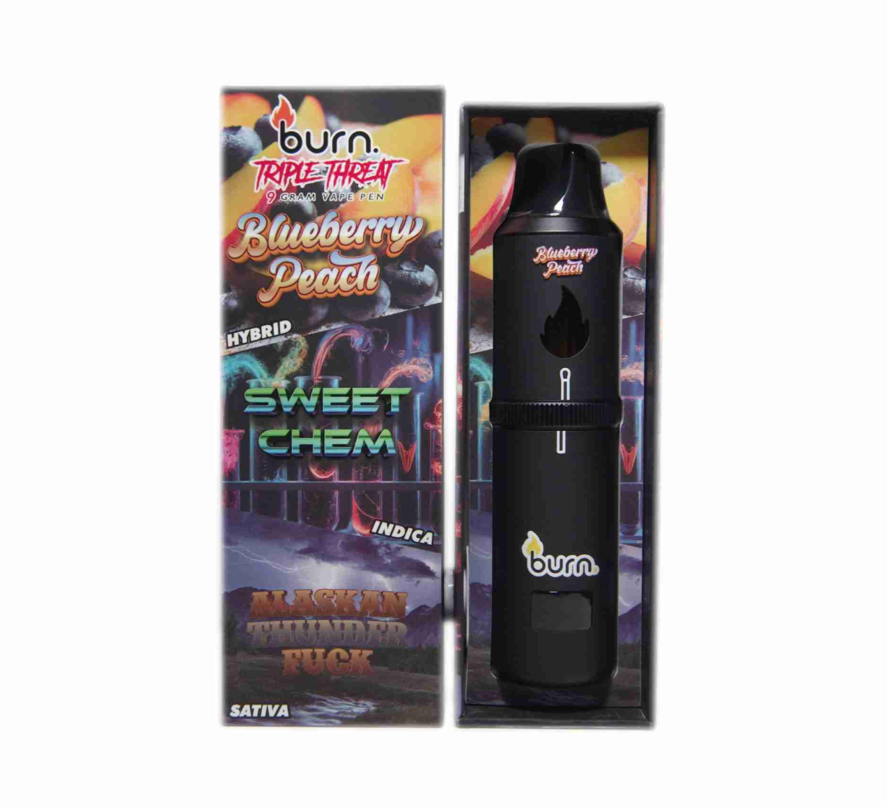 Burn Triple Threat Vape (9g) - Blueberry Peach + Sweet Chem + ATF Burn Triple Threat Vape (9g) - Blueberry Peach + Sweet Chem + ATF