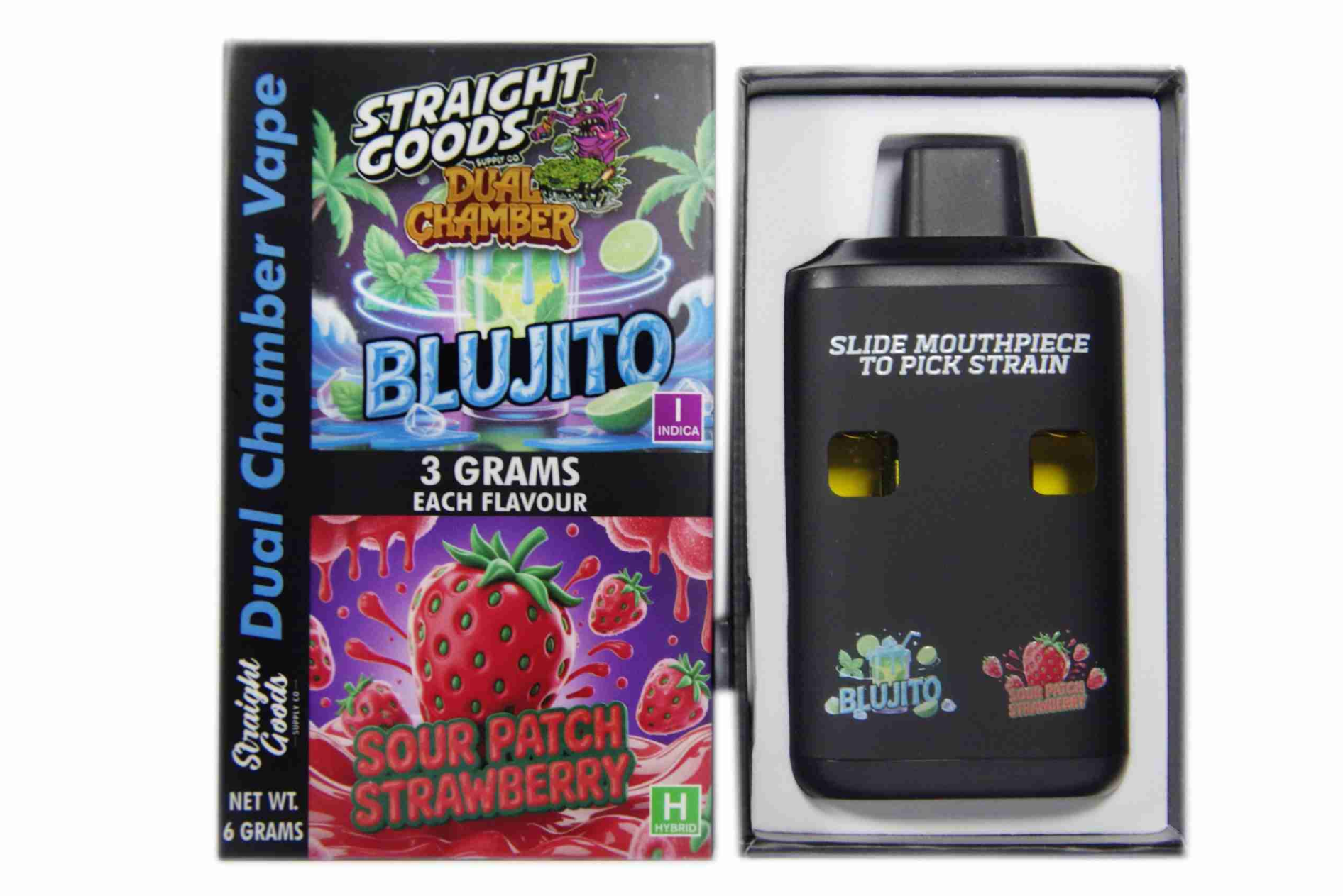 Straight Goods 6g Dual Chamber Vape – Blujito + Sour Patch Strawberry Straight Goods 6g Dual Chamber Vape – Blujito + Sour Patch Strawberry