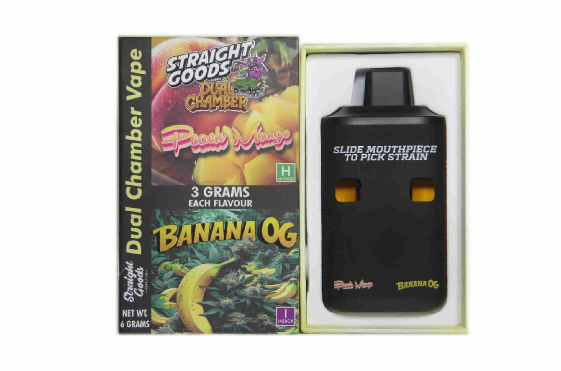 Straight Goods 6g Dual Chamber Vape – Peach Mango + Banana OG Straight Goods 6g Dual Chamber Vape – Peach Mango + Banana OG