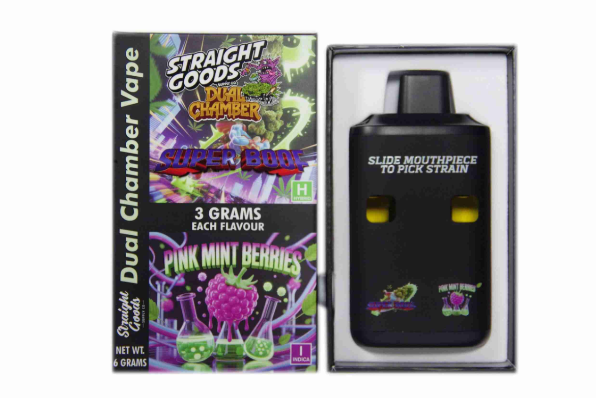 Straight Goods 6g Dual Chamber Vape - Super Boof + Pink Mint Berries Straight Goods 6g Dual Chamber Vape - Super Boof + Pink Mint Berries